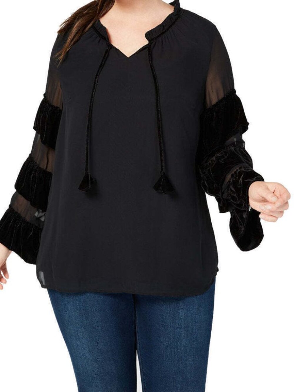 Style & Co Women Velvet Illusion Sleeve Top
